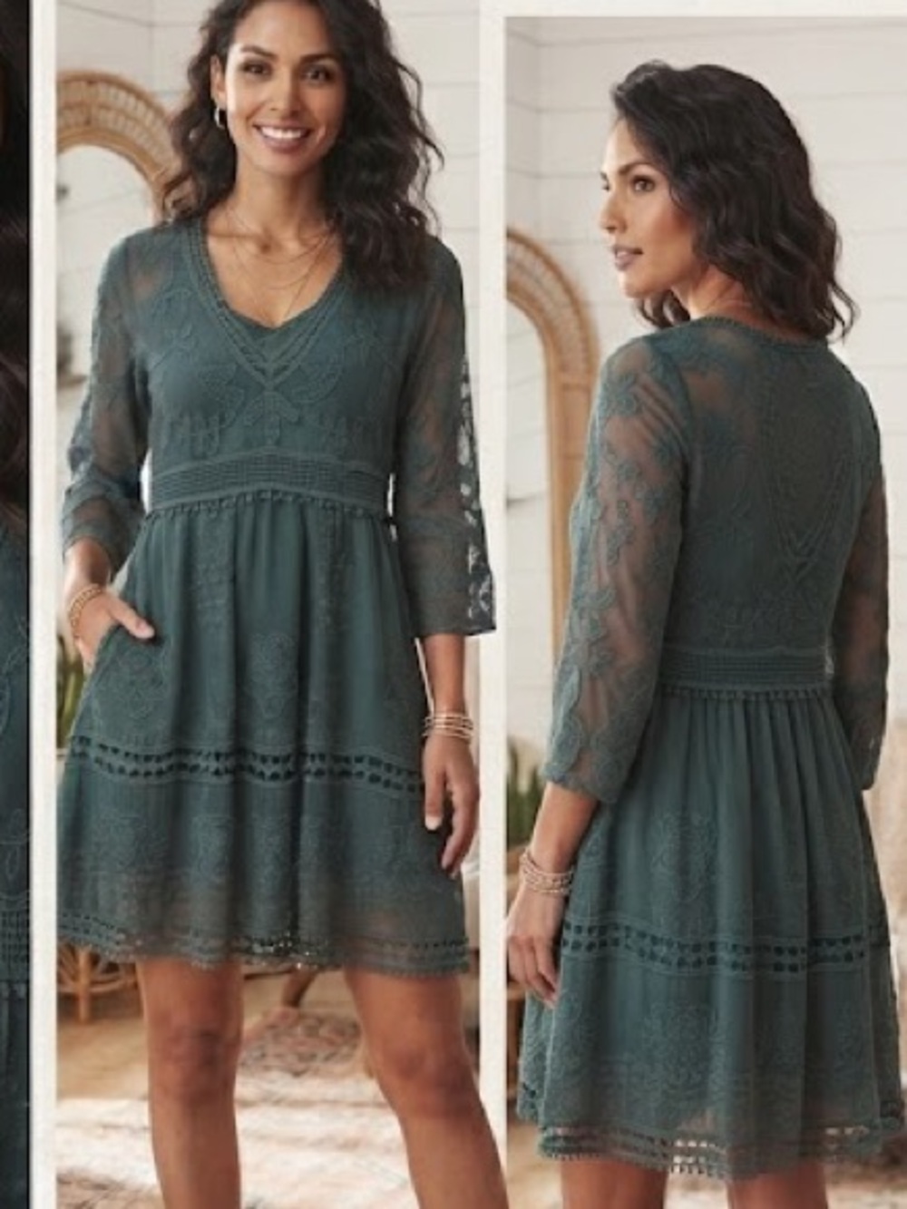 Mesh Lace Tunic Dress - Floral Embroidered lace V-Neck in Soft Muted Green